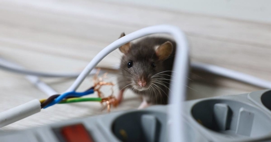 Rat near chewed electric wire on floor